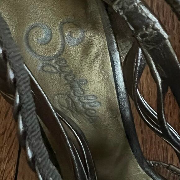 Gold Leather Gladiator Sandals Size 6 Strappy 3.5in Wood Heel Back Zip Moto Boho - Picture 8 of 15